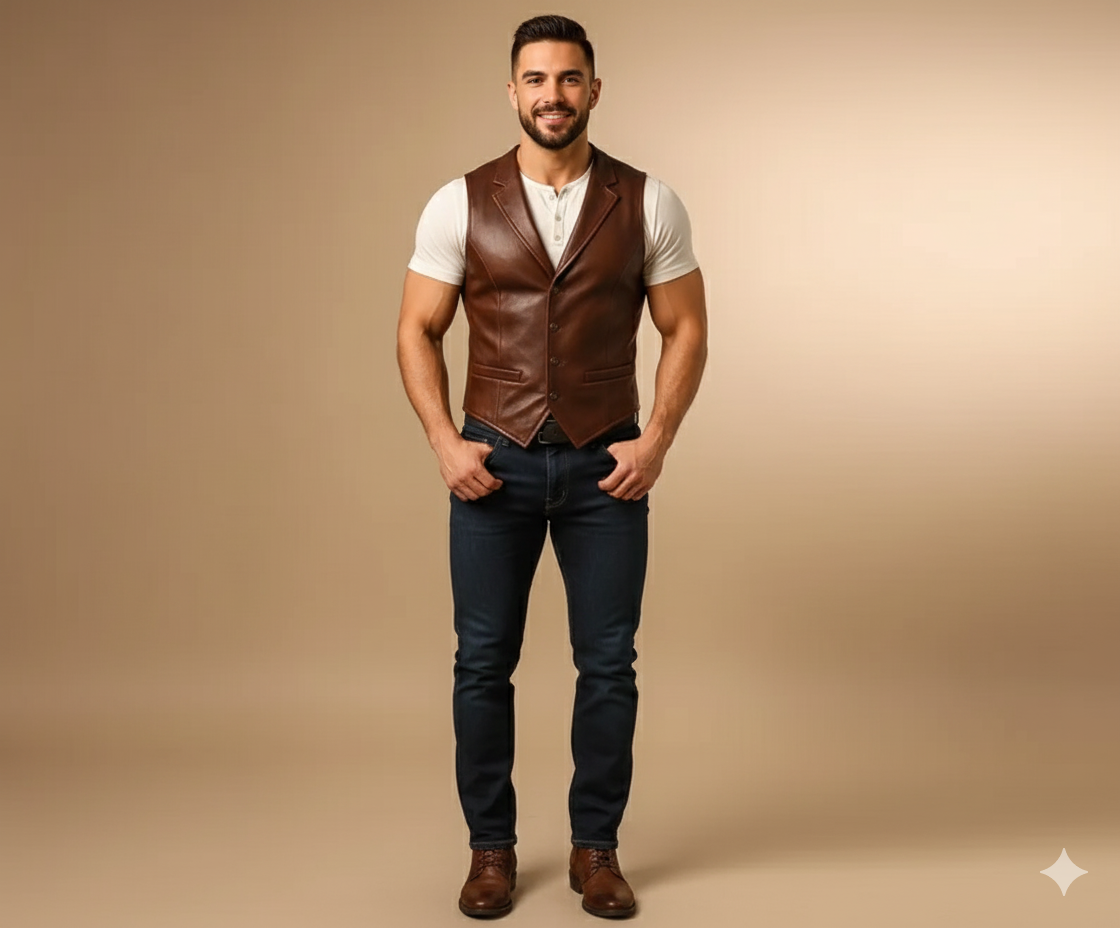 Men's Classic Brown Leather Waistcoat with a five-button front closure, modeled over a white t-shirt and jeans.