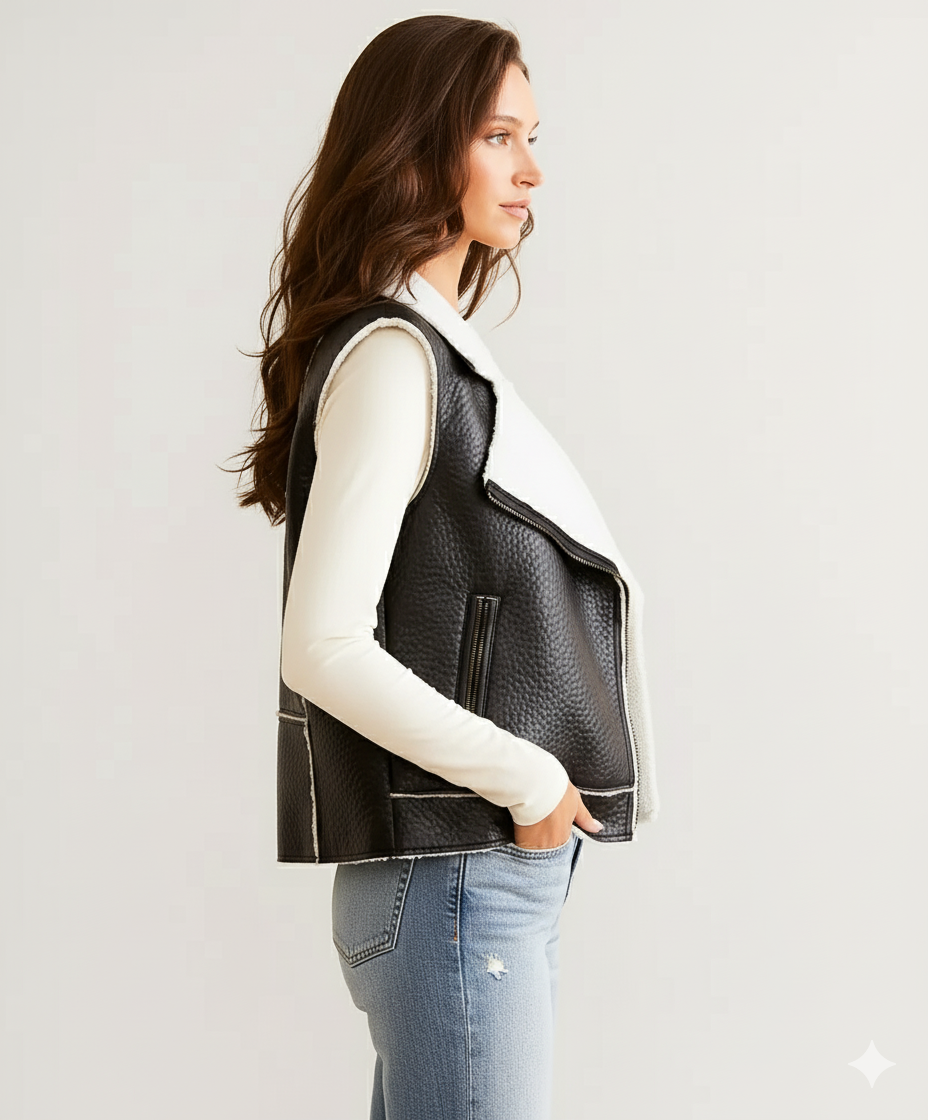 Edgy black vest with cozy white shearling lapels, styled with hands in pockets for a casual, high-fashion look.