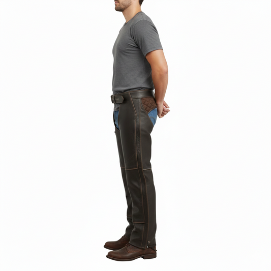 Close-up of the silver-toned metallic buckle and reinforced waistband on professional matte black leather chaps.