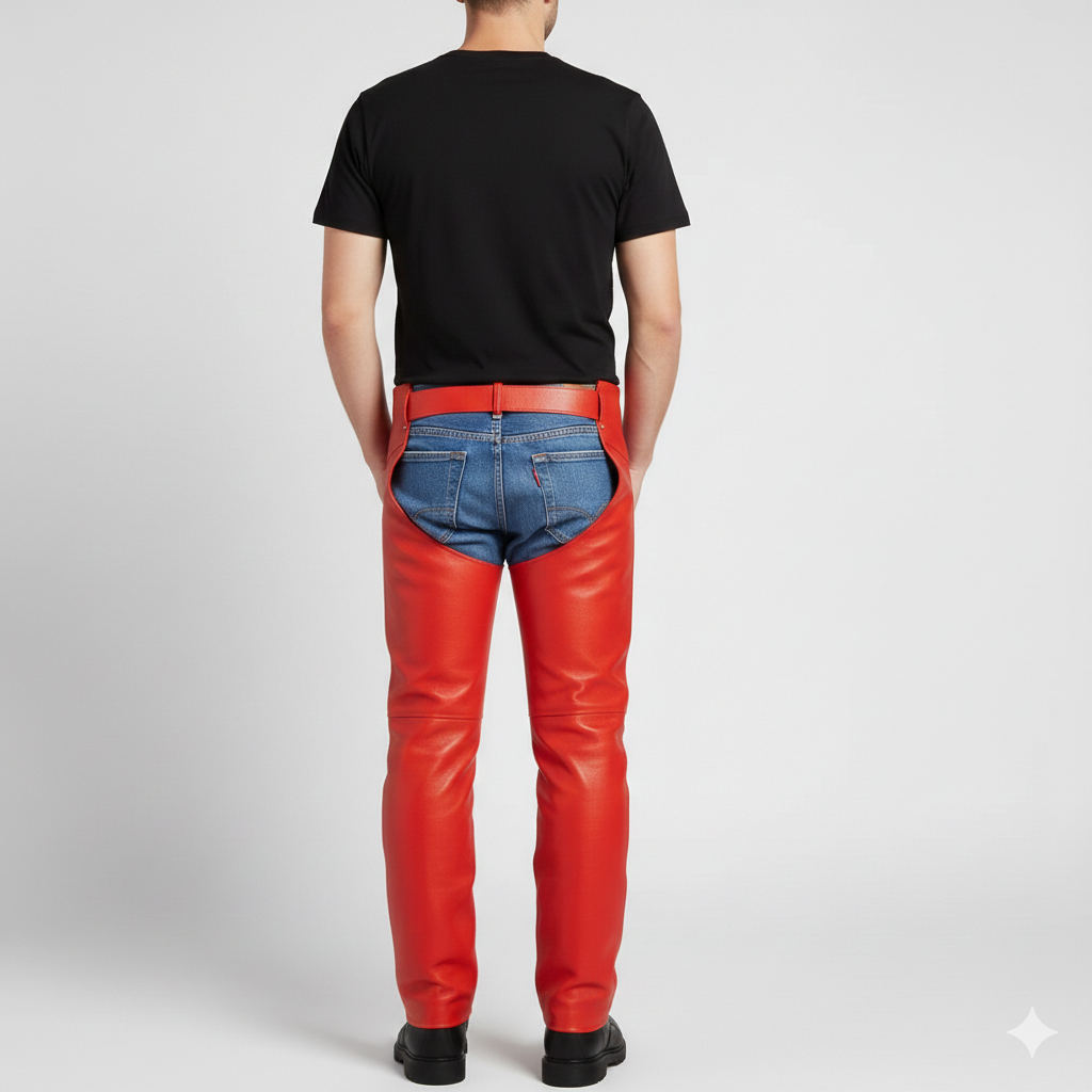 Male model wearing protective red leather chaps over blue jeans for a bold, high-visibility motorcycle look.
