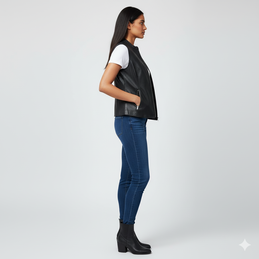 Women's minimalist black leather vest with a stand collar, full front zipper, and sleek zippered pockets.