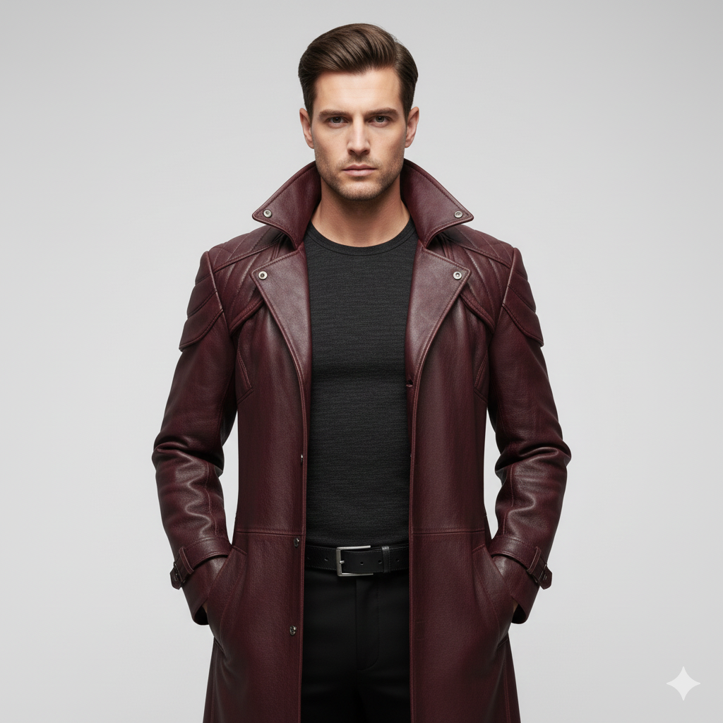 Full-length deep red leather trench coat for men featuring wide notch lapels and buckled wrist straps.