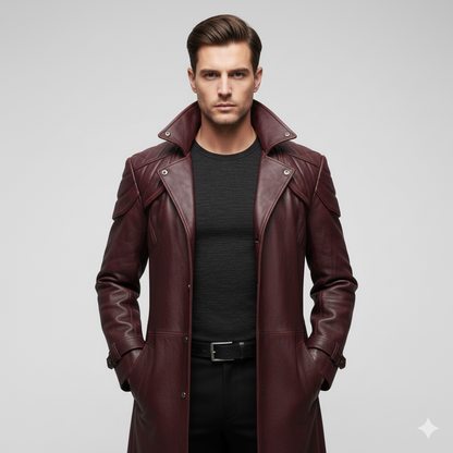 Full-length deep red leather trench coat for men featuring wide notch lapels and buckled wrist straps.