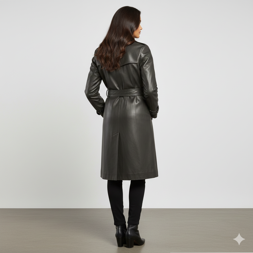 Model wearing a sophisticated black belted trench coat.