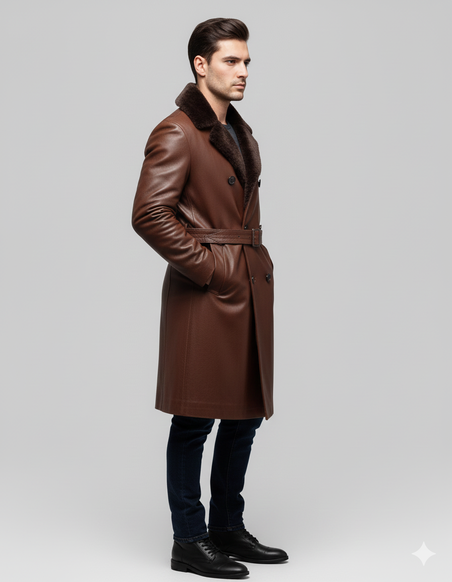Model wearing a luxury brown leather fur-collar trench coat