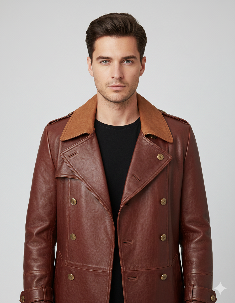 Mid-length reddish-brown leather overcoat for men featuring shoulder epaulettes and buckled wrist straps.