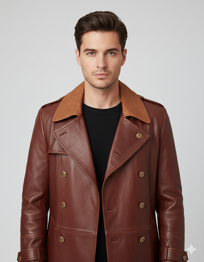 Mid-length reddish-brown leather overcoat for men featuring shoulder epaulettes and buckled wrist straps.