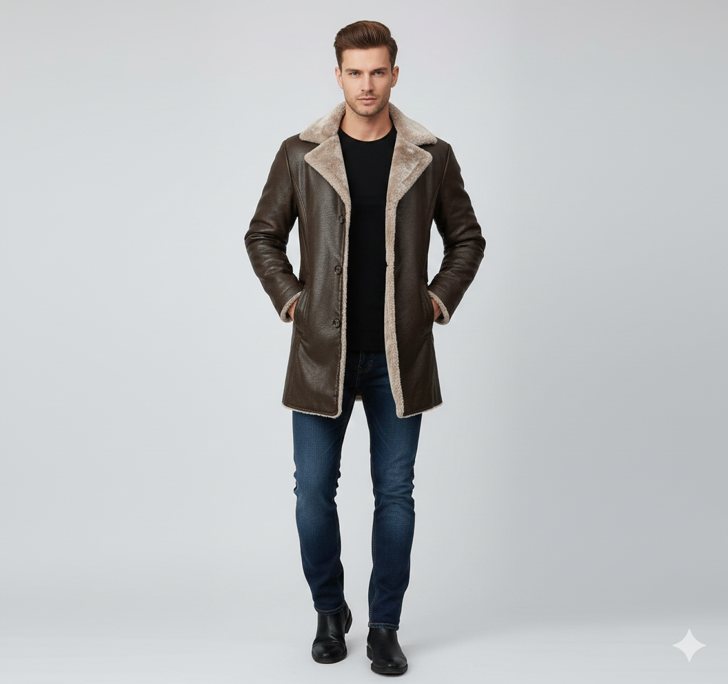 Men's mahogany brown leather trench coat with cream shearling lining and double-breasted buttons.