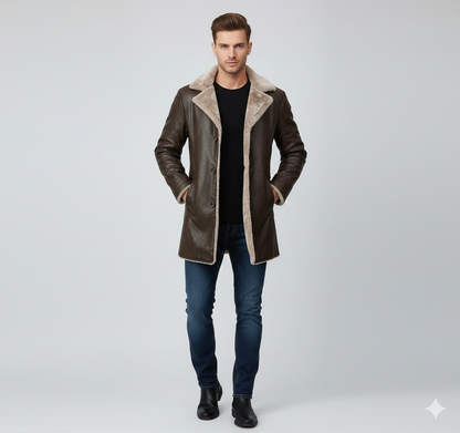 Men's mahogany brown leather trench coat with cream shearling lining and double-breasted buttons.