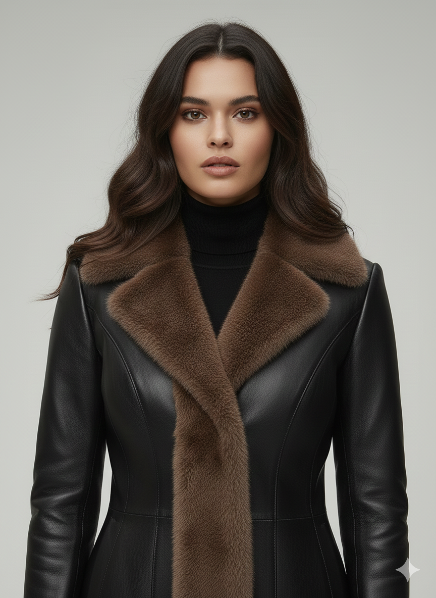 Women's black  leather tailored princess coat with brown fur trim on the collar and cuffs.
