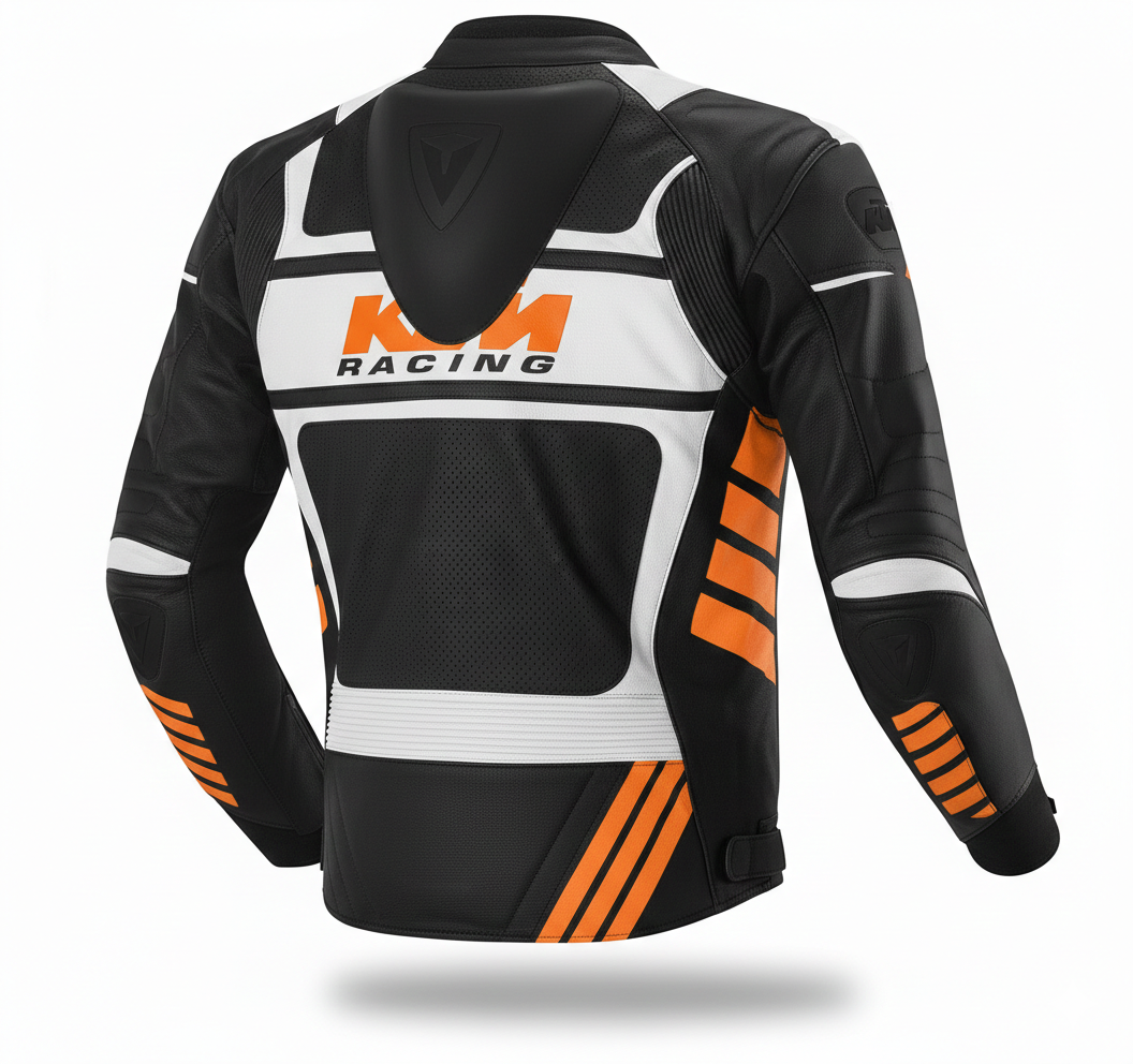 Detailed view of the KTM Racing chest branding, external shoulder, and technical leather panels on a professional  jacket.