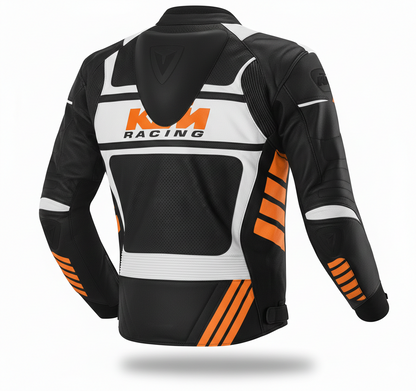 Detailed view of the KTM Racing chest branding, external shoulder, and technical leather panels on a professional  jacket.