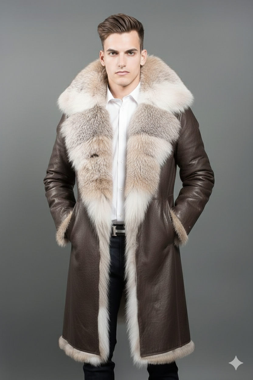 Men's brown leather duster coat with oversized white and grey arctic wolf fur collar.