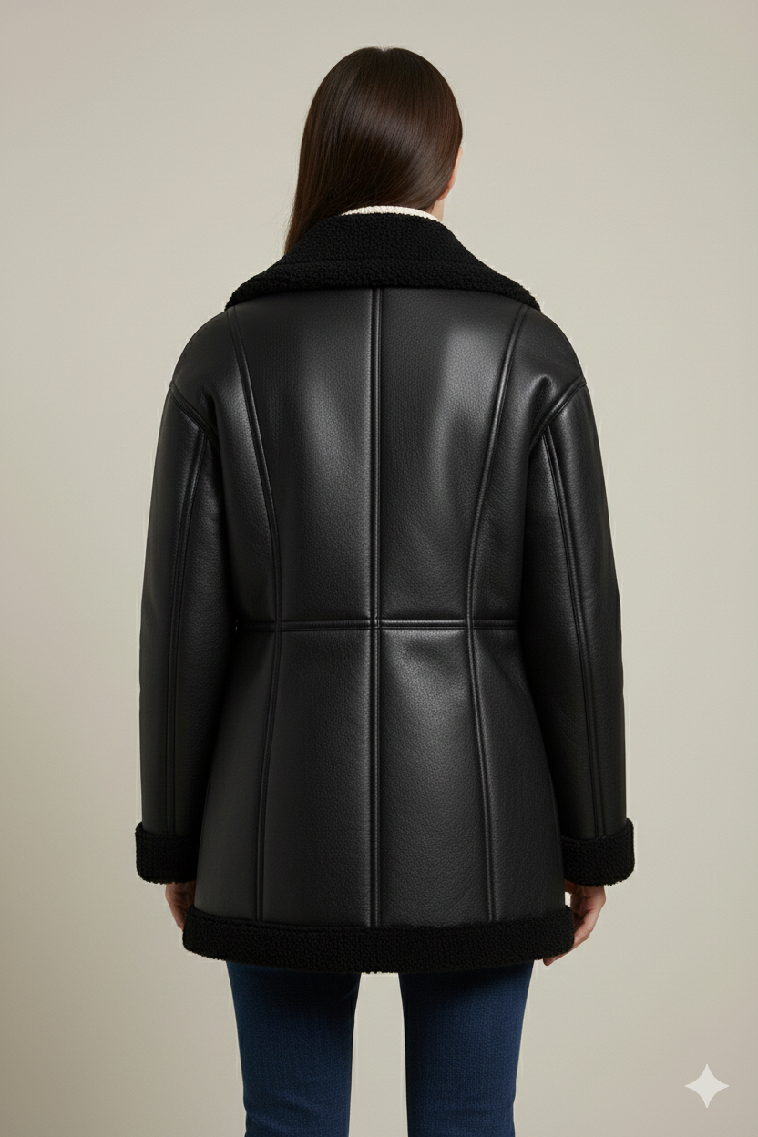 Close-up of a longline black moto coat featuring plush shearling-style lining and deep front welt pockets.