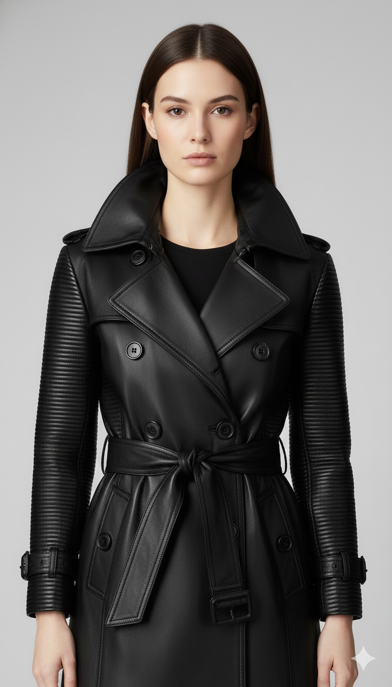 Double-breasted black leather-look coat for women featuring ribbed texture on the arms and a buckled belt.