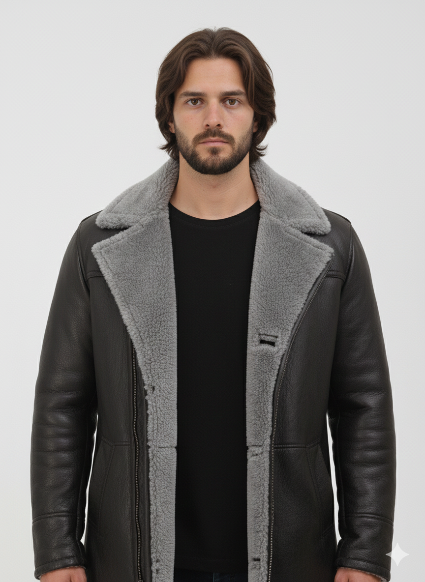 Mid-length black leather winter coat for men featuring plush grey fur trim and a vertical zip closure.
