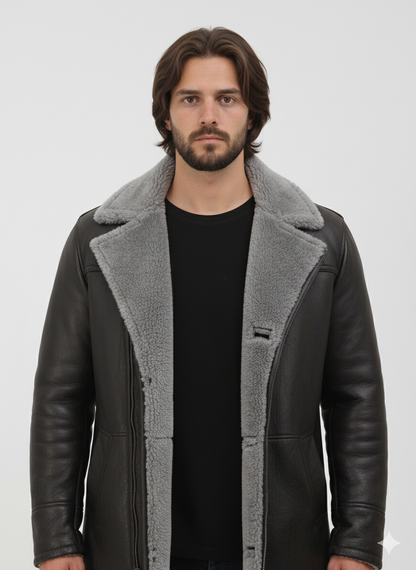 Mid-length black leather winter coat for men featuring plush grey fur trim and a vertical zip closure.
