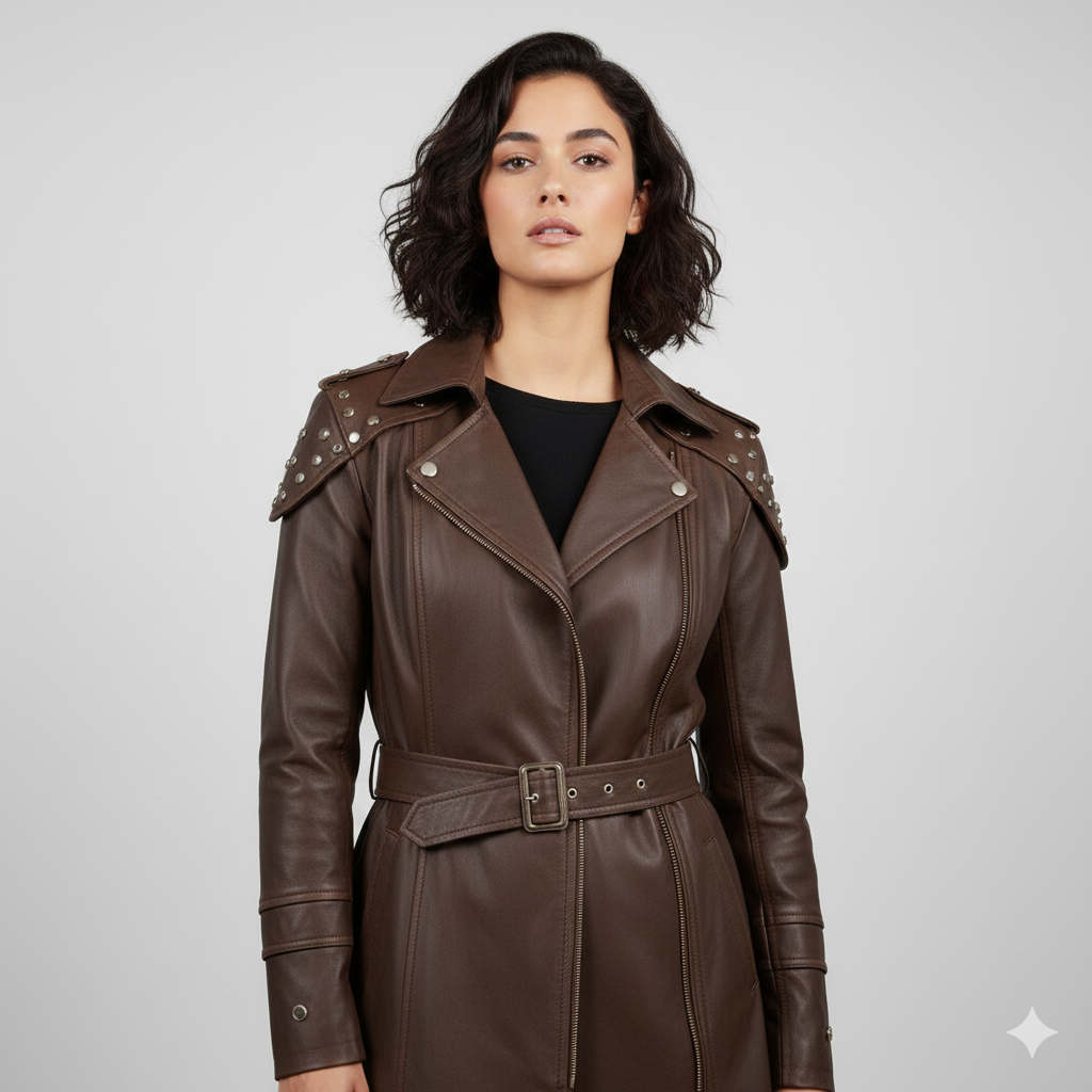 Full-length brown leather moto-style coat for women featuring silver shoulder studs and wide lapels.