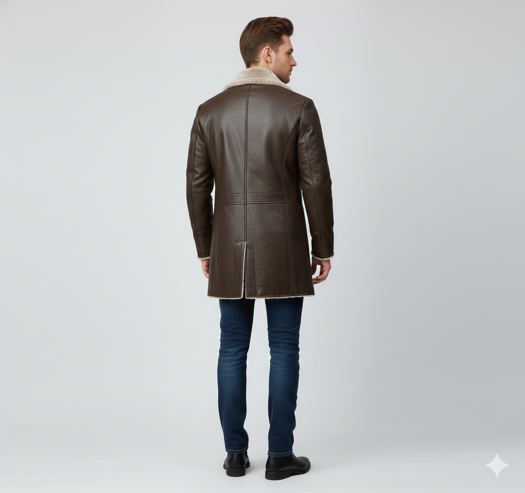 Close-up of the rich mahogany leather texture and thick cream shearling lapels on a premium men's trench.