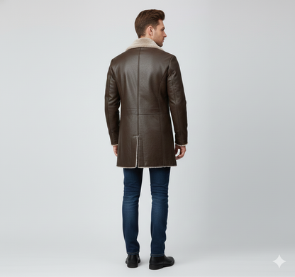 Close-up of the rich mahogany leather texture and thick cream shearling lapels on a premium men's trench.
