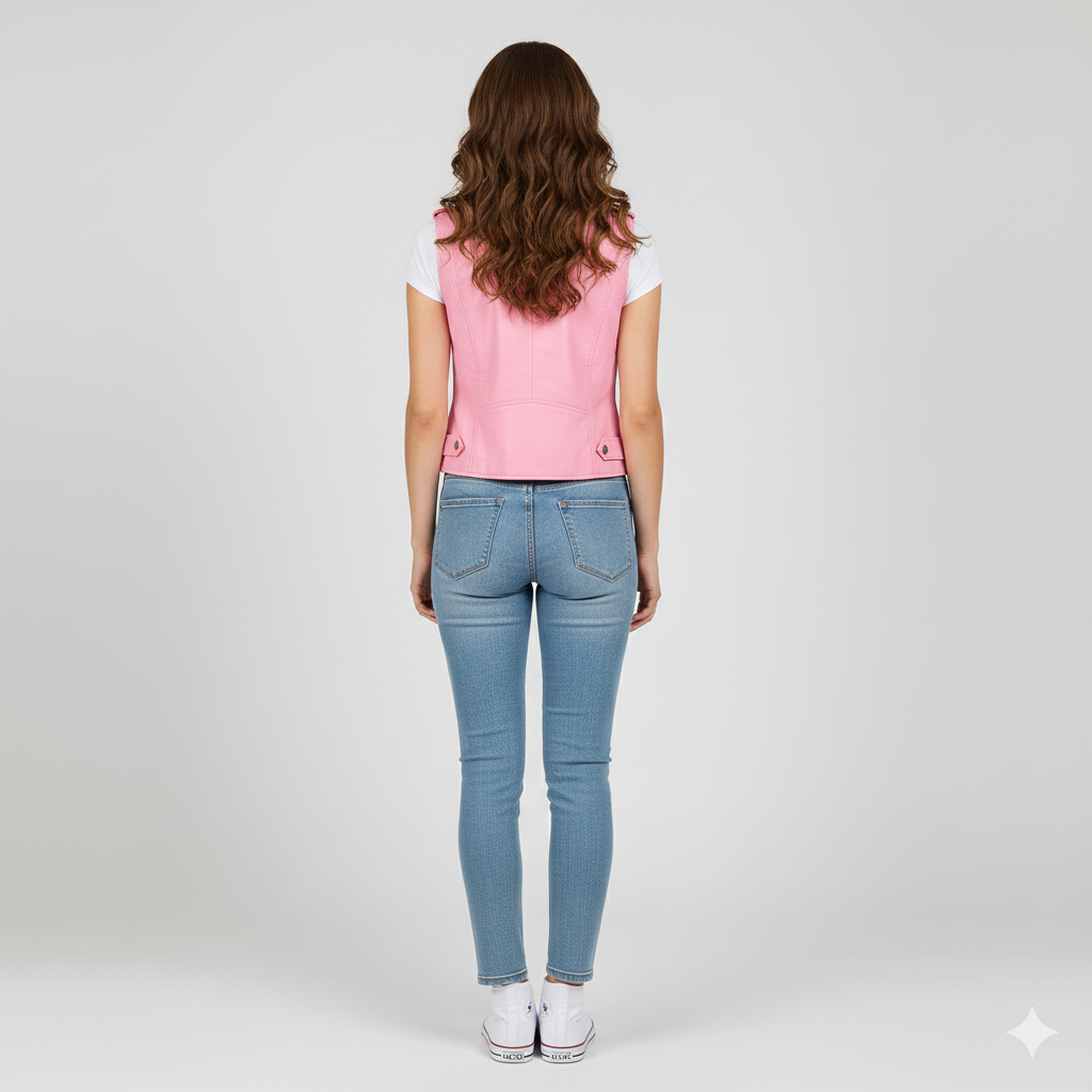 Sleeveless pink genuine leather jacket-style vest with silver zip pockets and a belted waist.