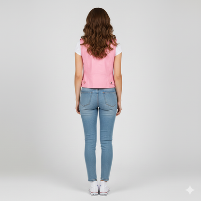 Sleeveless pink genuine leather jacket-style vest with silver zip pockets and a belted waist.