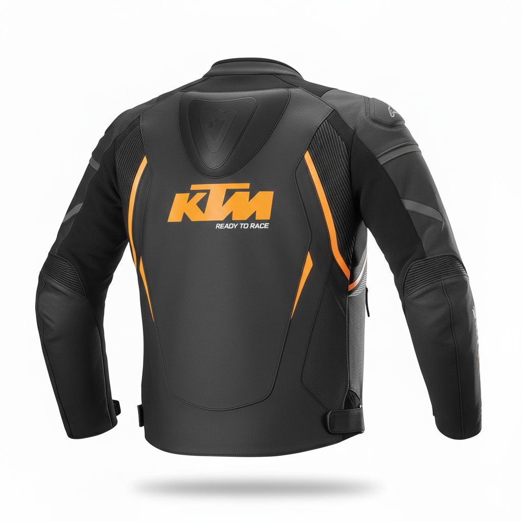 Detailed view of the Red Bull chest branding, Kawasaki wordmark, and technical leather panels on a professional racing jacket.