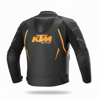 Detailed view of the Red Bull chest branding, Kawasaki wordmark, and technical leather panels on a professional racing jacket.