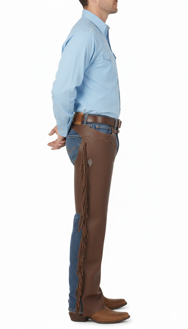 Close-up of the smooth brown leather texture, integrated hip zipper, and gunmetal buckle on professional riding chaps.