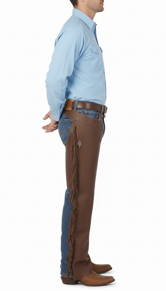 Close-up of the smooth brown leather texture, integrated hip zipper, and gunmetal buckle on professional riding chaps.