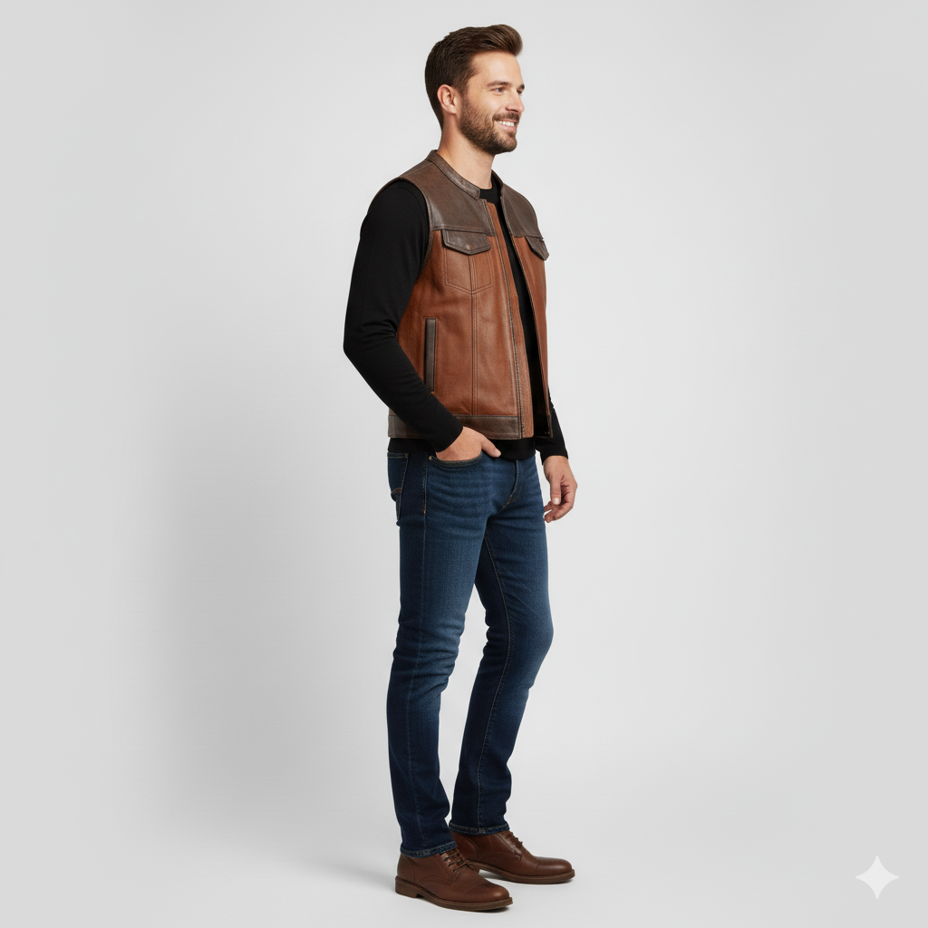 Men's brown leather shearling aviator vest with thick sheepskin lining and fur collar.