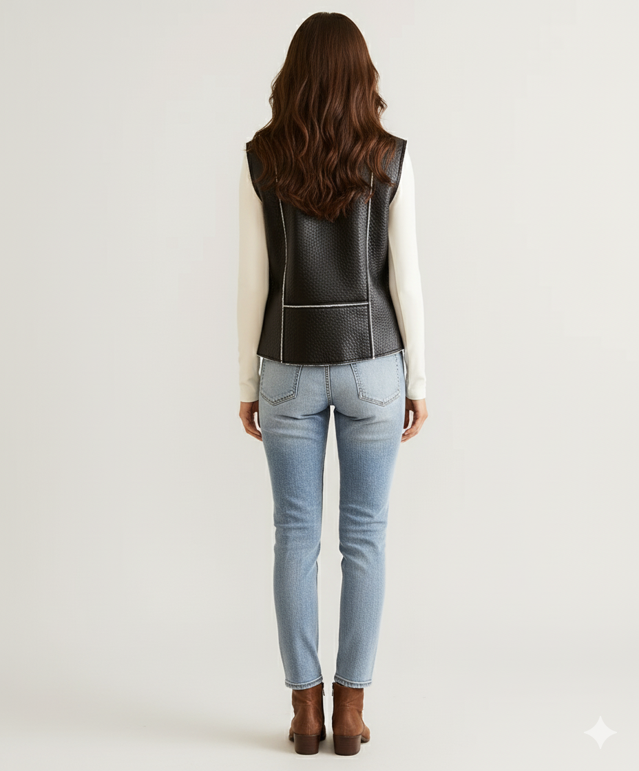 Close-up of the black textured faux leather contrasted with the soft white shearling trim on the wide lapels of the vest.