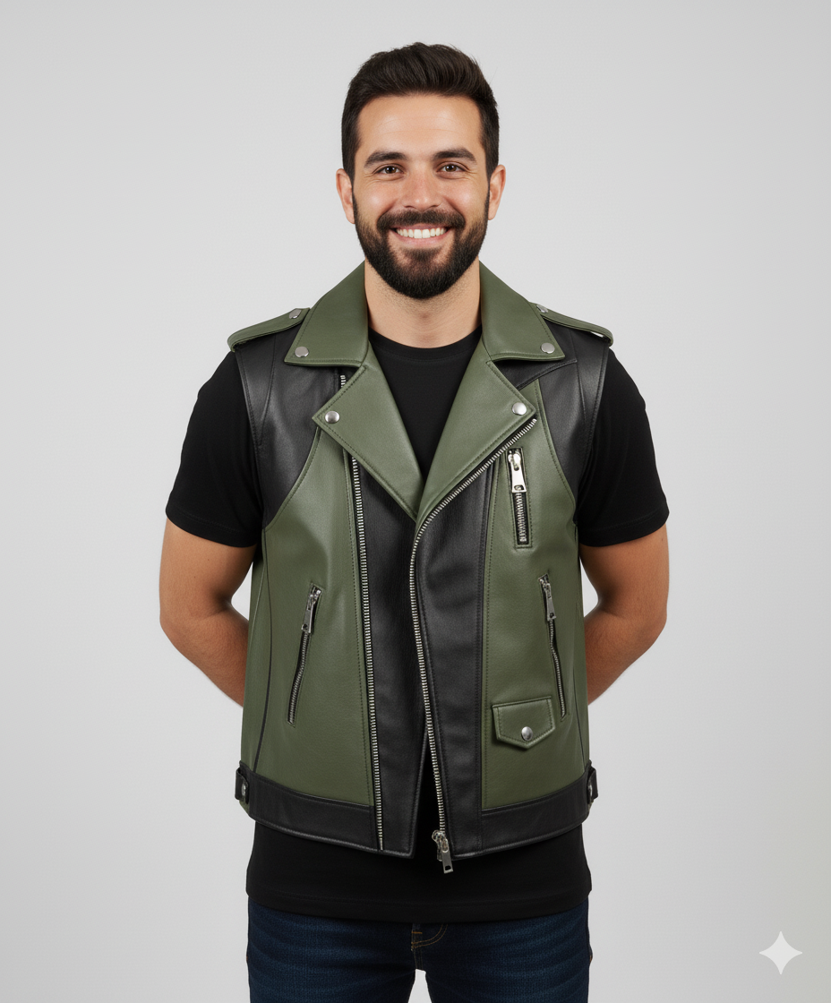Full-length photo of a man wearing a color-blocked green and black leather motorcycle vest over a black t-shirt and blue jeans.