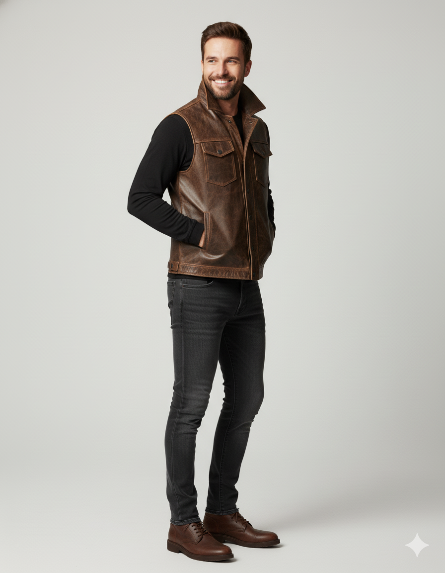 Close-up of the rich dark brown leather texture and the contrast between the leather and the tan shearling fur.