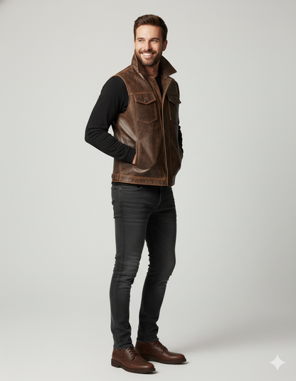 Close-up of the rich dark brown leather texture and the contrast between the leather and the tan shearling fur.