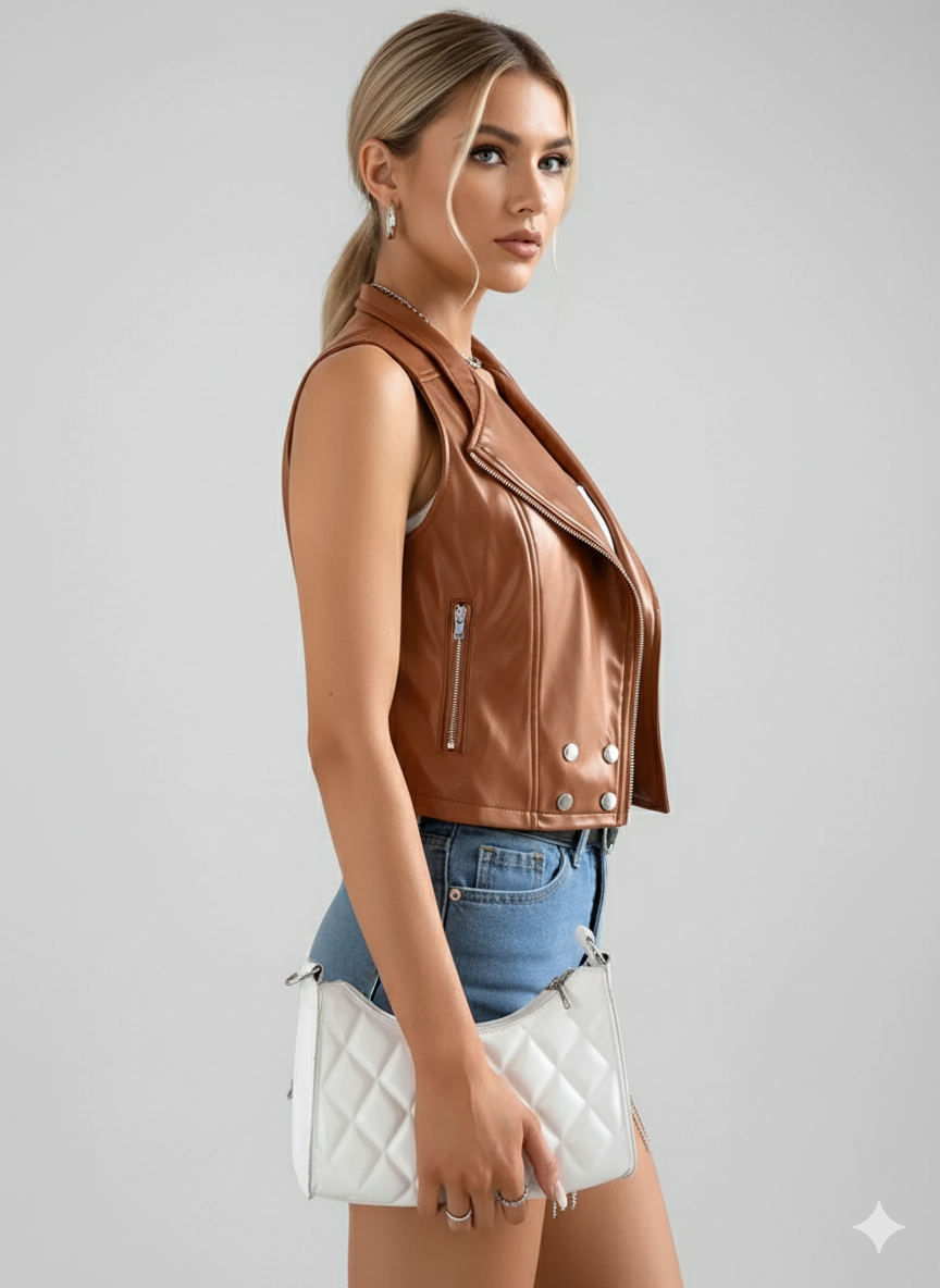 Cognac cropped leather vest paired with denim shorts and layered silver necklaces.