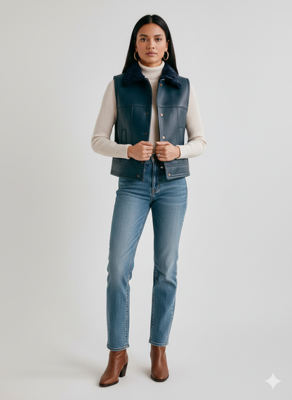 Women's navy blue leather vest featuring a dark navy blue  shearling collar and a clean button-front closure.