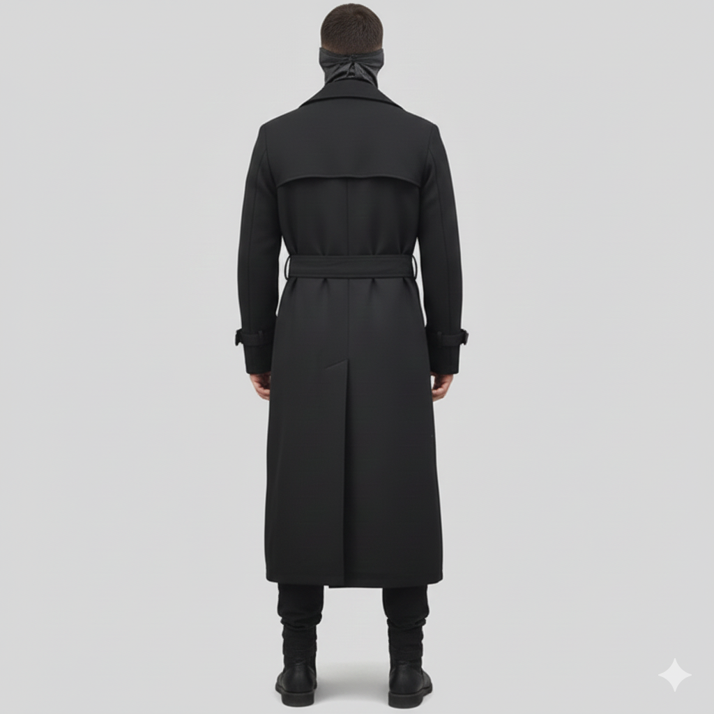 Close-up of the rectangular buckle and tonal black buttons on a premium men's leather duster coat.