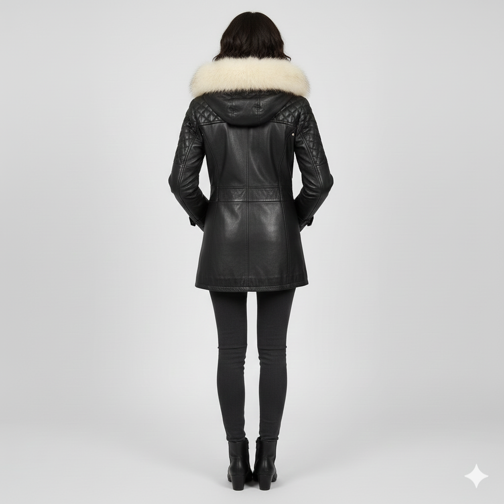 Model wearing a luxury black leather parka with a large fur-trimmed hood and quilted sleeves.