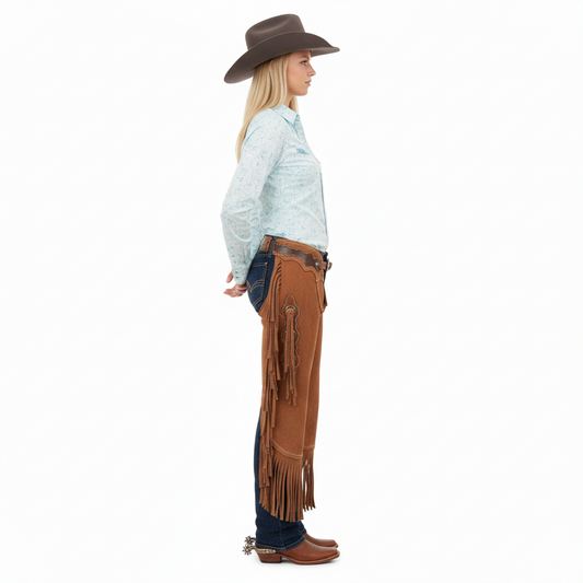 Close-up of the decorative dark brown leather waistband, metallic concho accents, and hand-cut suede fringe on western riding chaps.