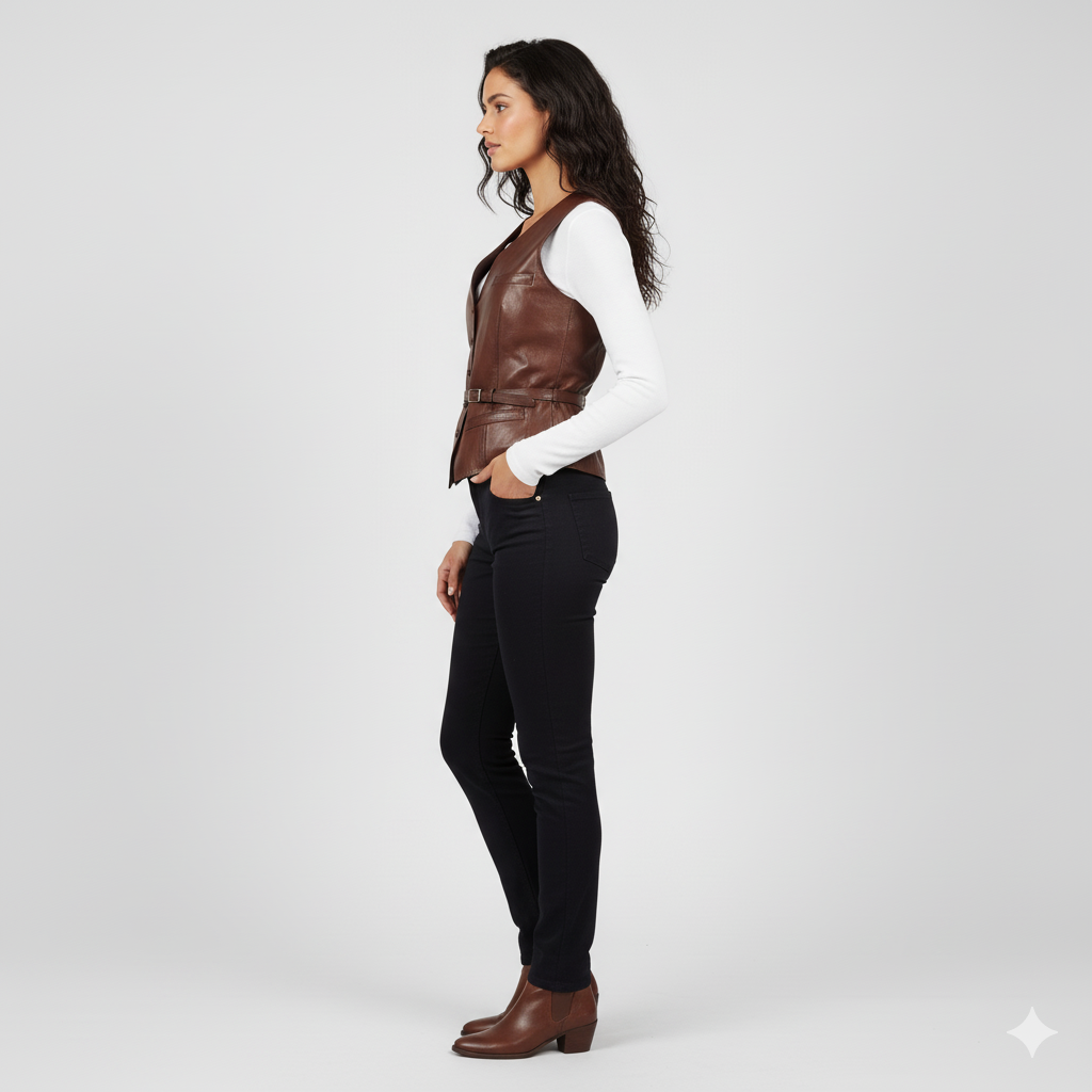 Brown leather waistcoat paired with a white blouse and dark denim, cinched at the waist with the matching leather belt.