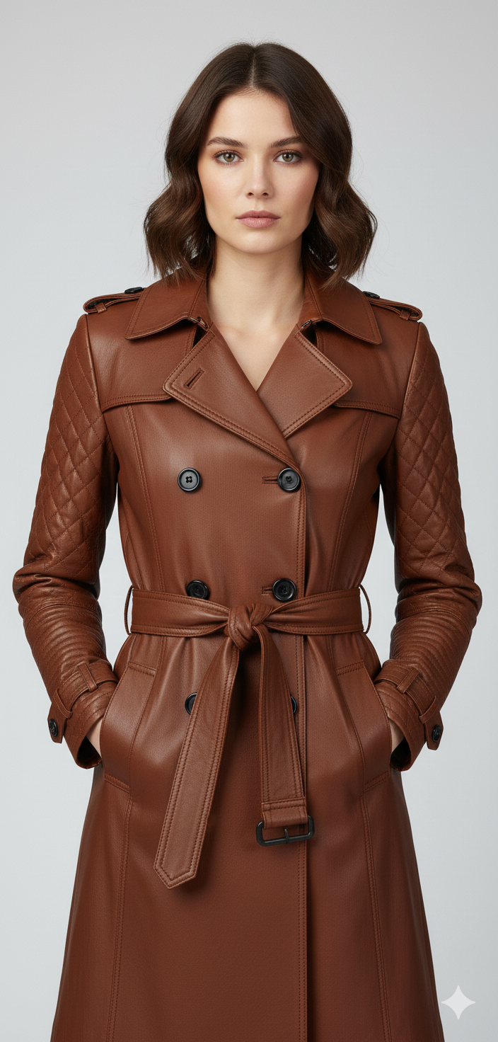Double-breasted tan leather jacket for women featuring diamond-quilted shoulders and notched lapels.