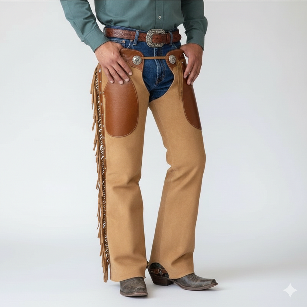 Men's walnut tan suede and mahogany brown leather western chaps with side fringe and silver concho details