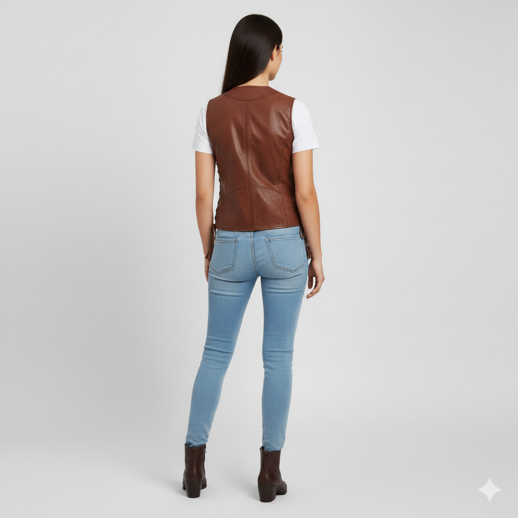 Rich brown leather vest styled with a white basic tee and denim.
