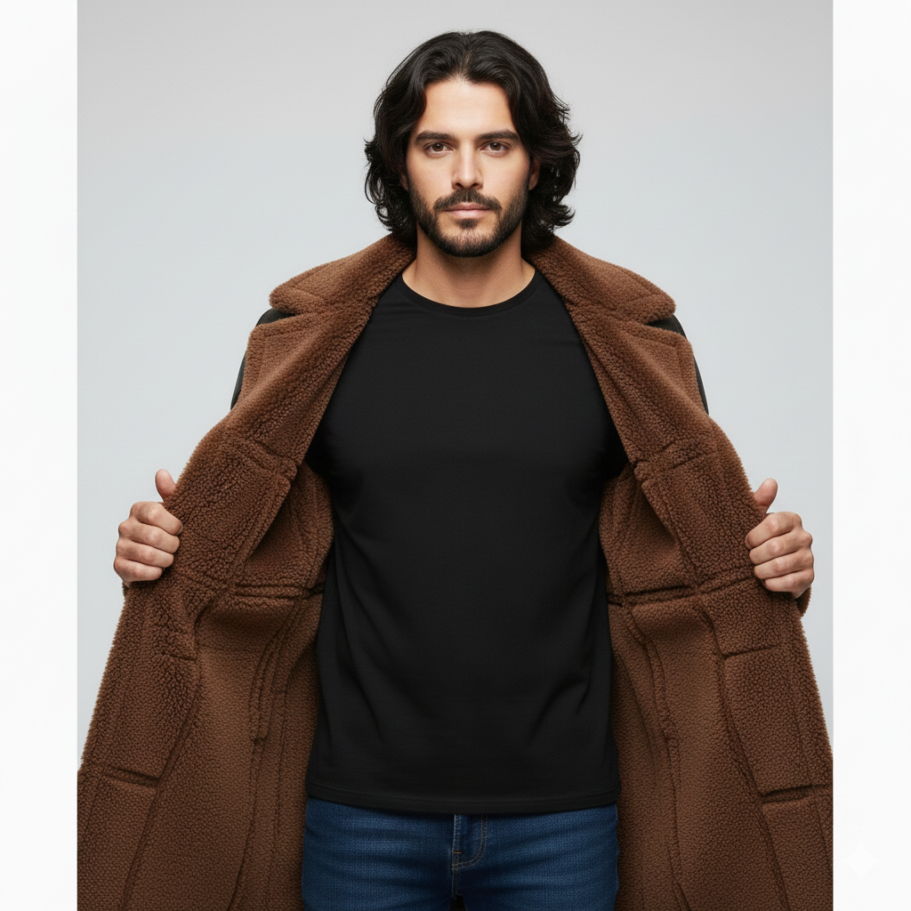 Longline dark brown leather winter coat for men featuring a plush rust shearling collar and cuffs.