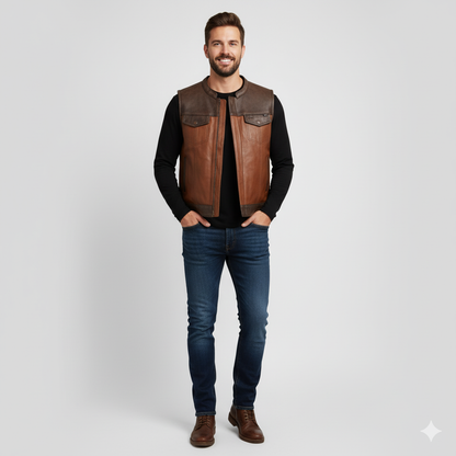 Full body shot of a man wearing a B-3 style brown leather vest with a creamy shearling collar over a black t-shirt.