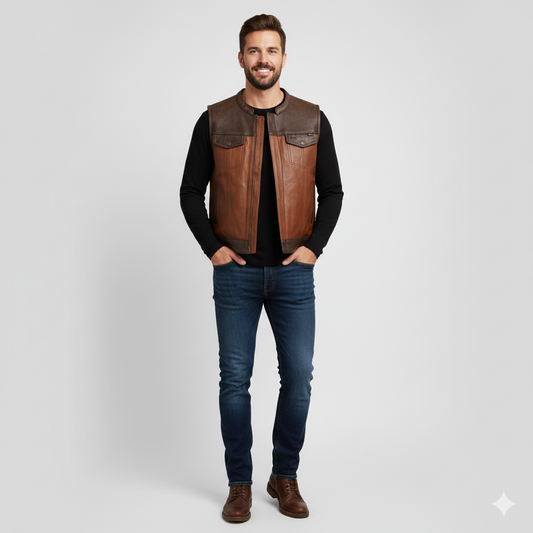 Full body shot of a man wearing a B-3 style brown leather vest with a creamy shearling collar over a black t-shirt.