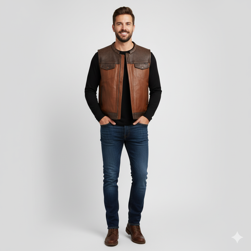 Full body shot of a man wearing a B-3 style brown leather vest with a creamy shearling collar over a black t-shirt.