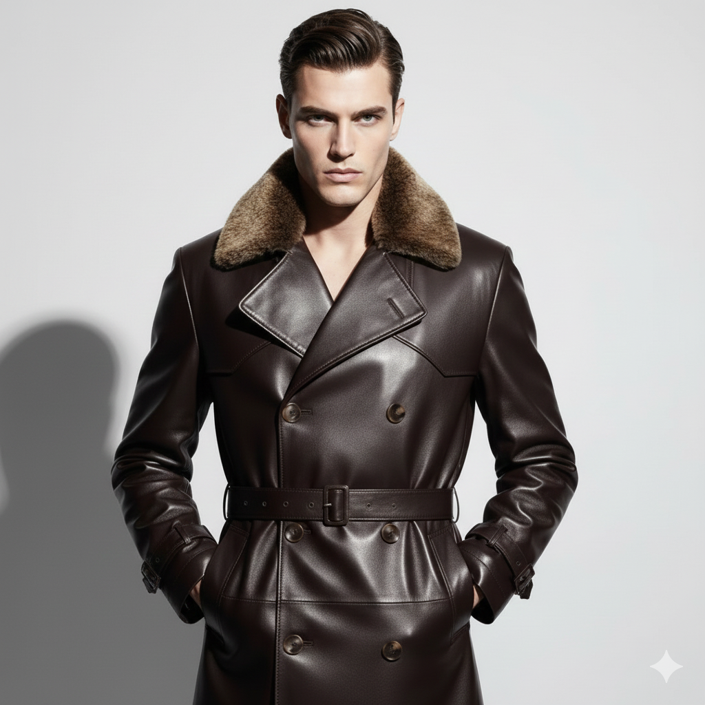 Midi-length dark brown leather overcoat for men featuring a plush fur collar and belted waist.