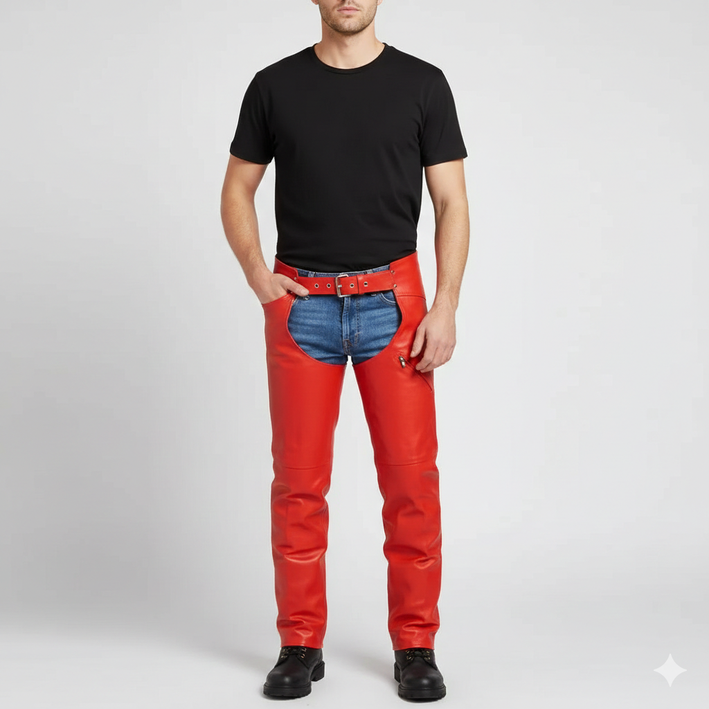 Men's crimson red leather performance chaps with adjustable buckled waist and side hip zipper.